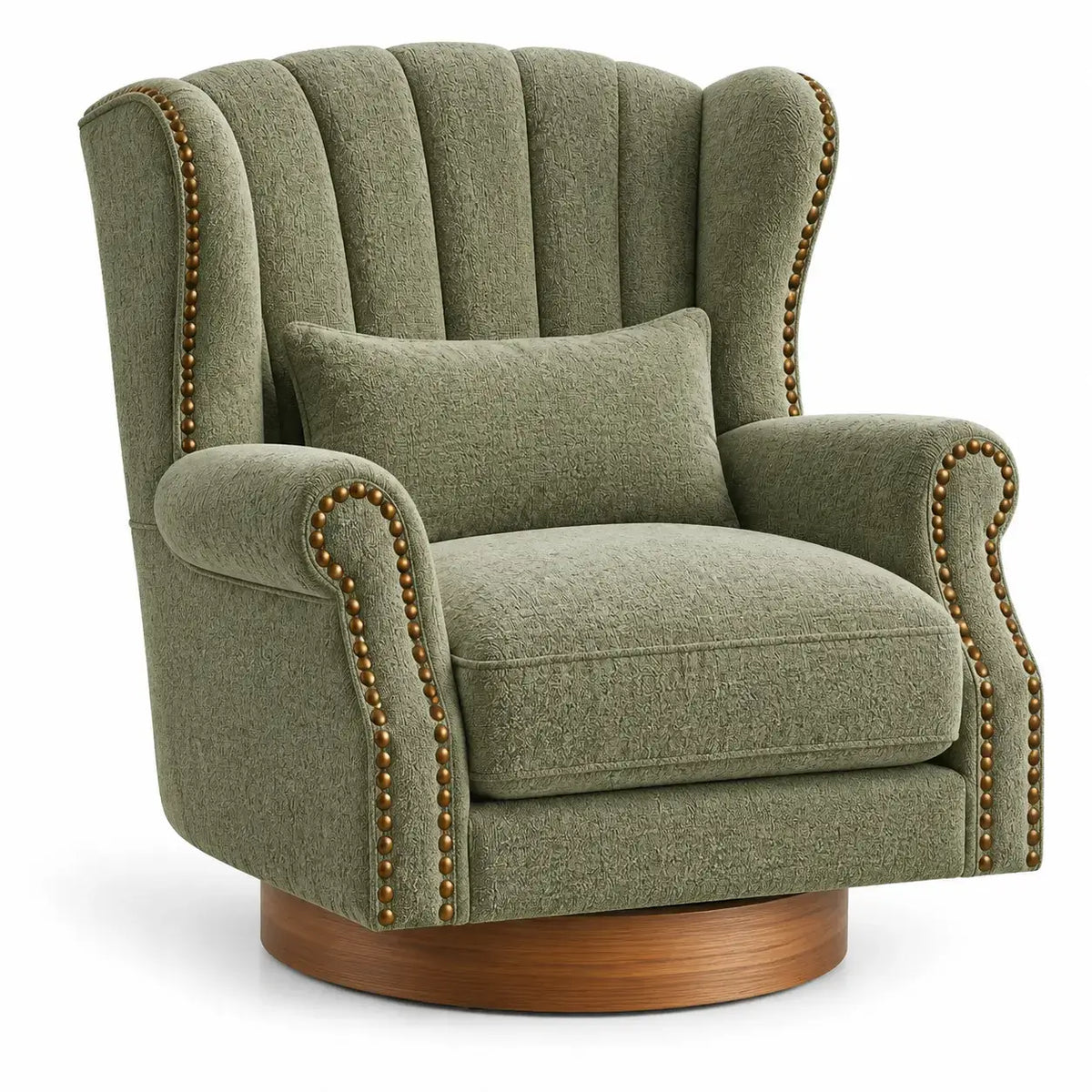 Poltrona, schienale alto e bordi con borchie, verde/marrone