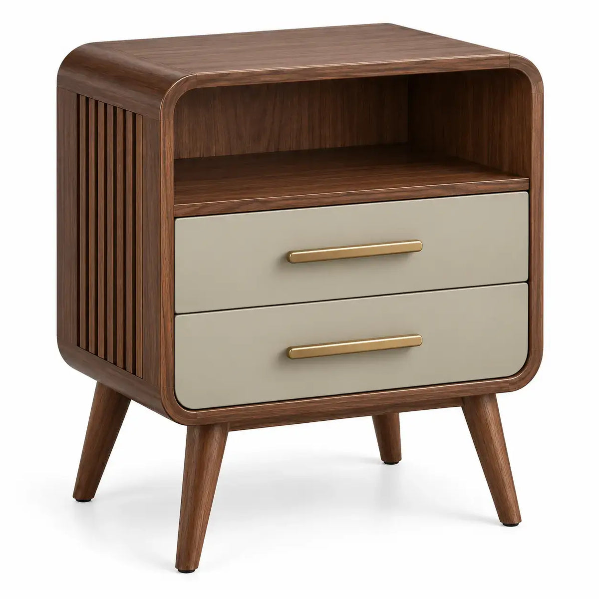 Comodino, vano aperto e due cassetti scanalati, marrone/beige