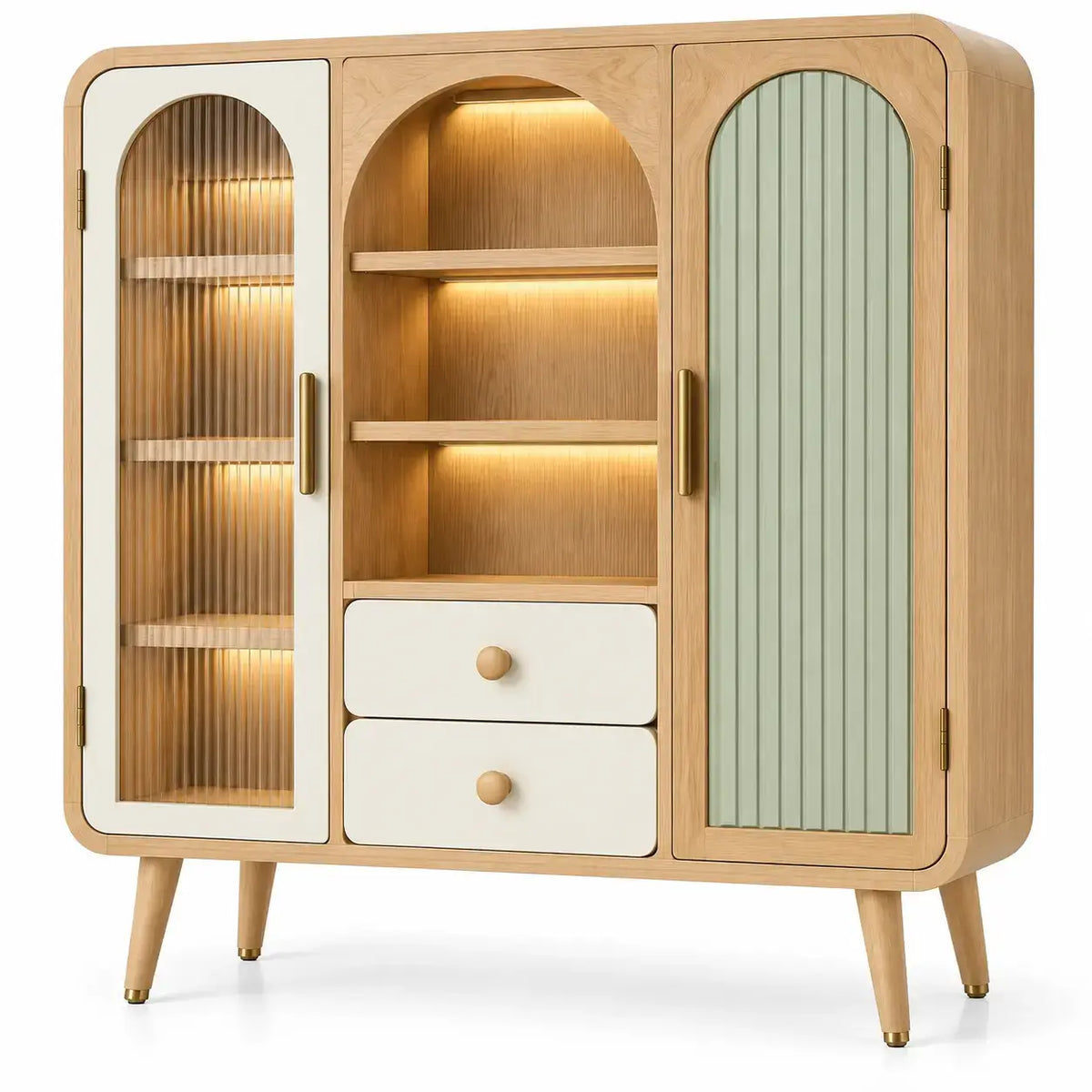 Vetrina, ante ad arco e cassetti centrali, marrone/beige/verde