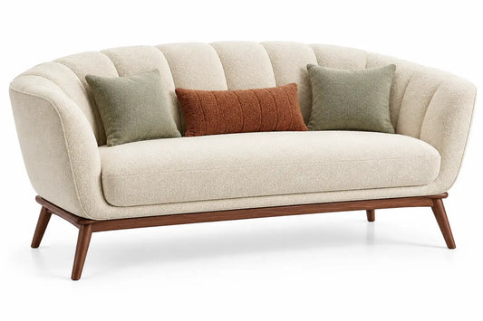 Divano a due posti, schienale avvolgente e cuscini a contrasto, beige/marrone