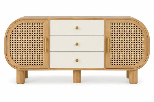 Credenza, ante intrecciate arrotondate e tre cassetti, marrone/beige