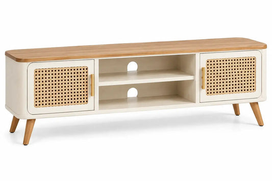 Mobile porta televisore, ante intrecciate e vani centrali aperti, beige/marrone
