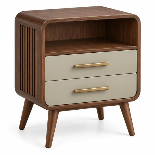 Comodino, vano aperto e due cassetti scanalati, marrone/beige