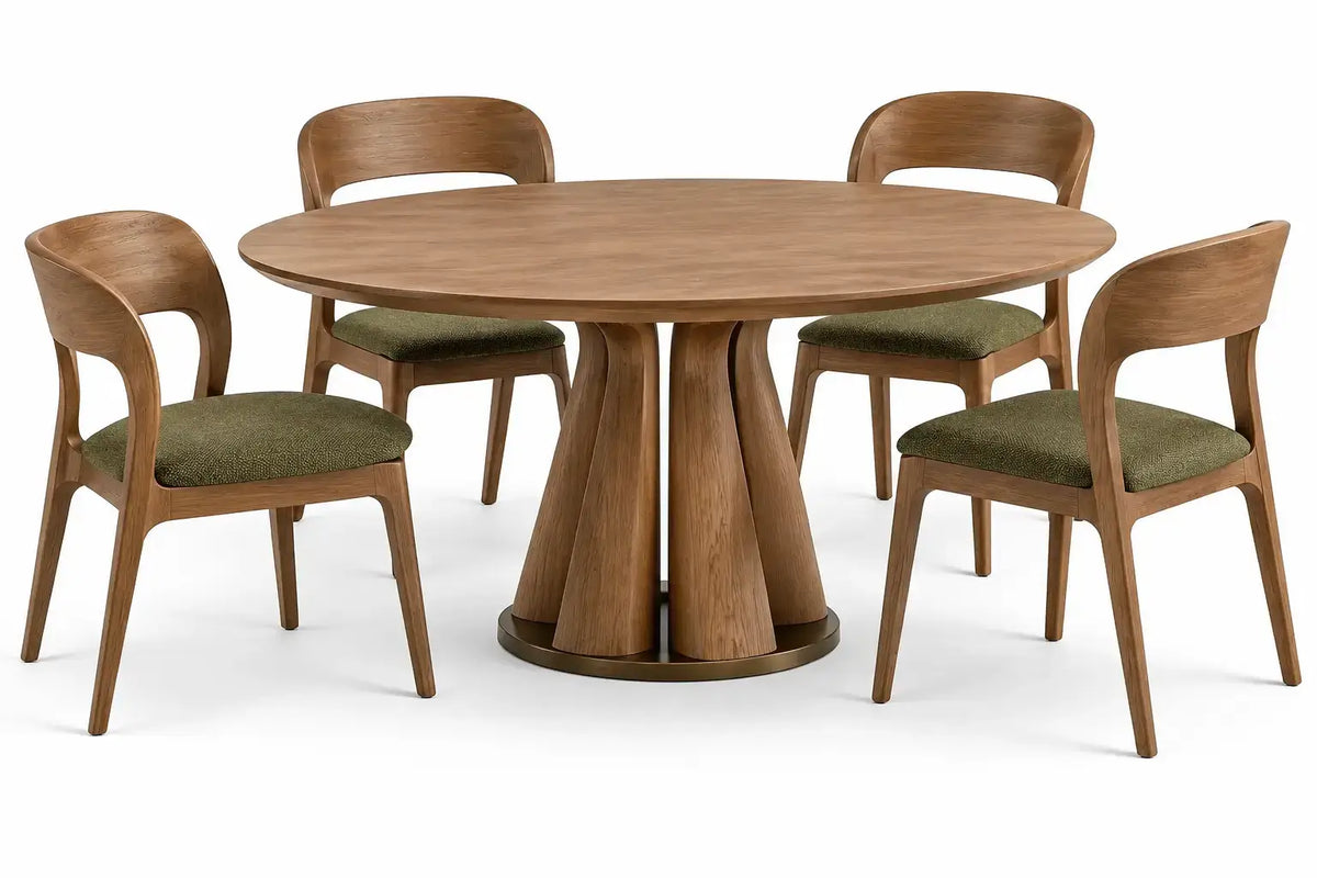 Tavolo con quattro sedie, tavolo rotondo e quattro sedie imbottite, marrone/verde