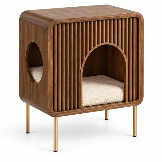 Mobile con cuccia per gatto, apertura ad arco e foro laterale, marrone/beige